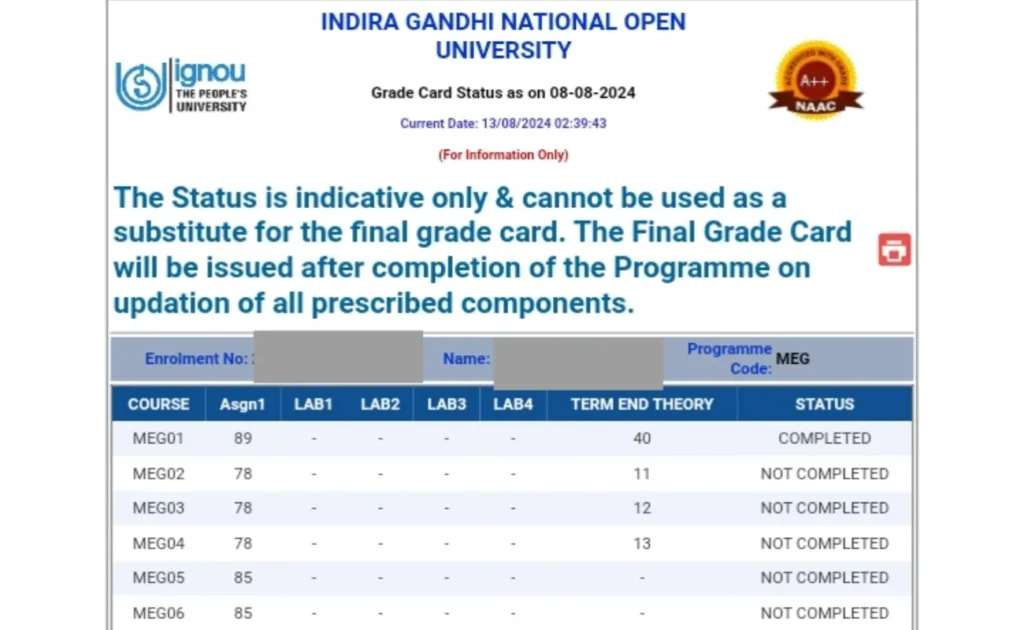 IGNOU Grade Card 2024 - Check Grade Card Status Here